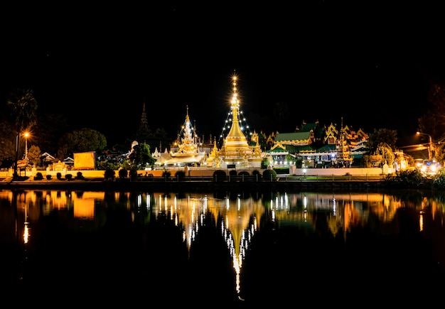 Night light reflection of Wat Chong Kham located in Muang District, Mae Hong Son Province, Thailand