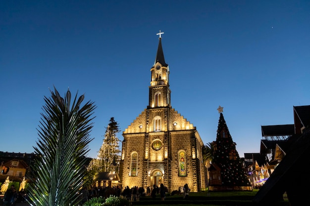 Night lighting of Sao Pedro church in the tourist city of Gramado stone cathedral