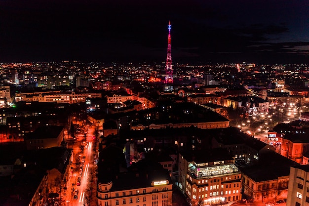 Night lights of the city of IvanoFrankivsk view of the city from above aerial view night shooting