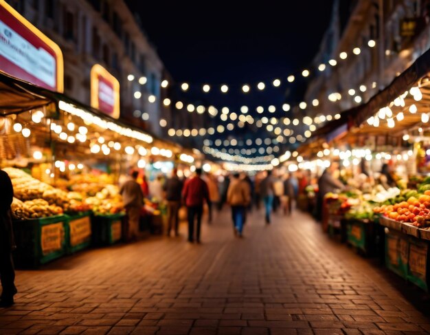 Night local market street fruits vegetables bokeh people light garlands atmosphere vibrant