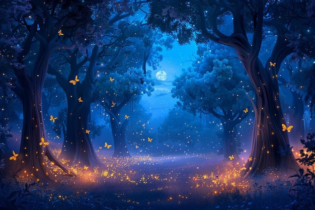 Night magic forest with fantasy firefly background