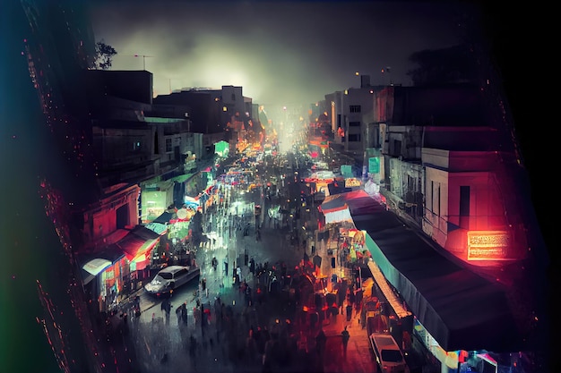 Night market at the Indian town in the The Holi Festival or festival of colors background Generative AI