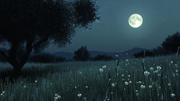 Photo night in a mediterranean meadow soft moonlight the moon is shining on a field of flowers