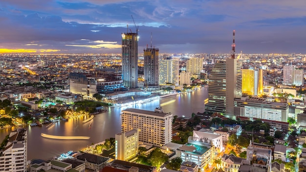 Night of the Metropolitan Beautiful sunset curve Chao Phraya River long exposure light Bangkok City downtown cityscape urban skyline Thailand in 2017 Cityscape Bangkok city Thailand