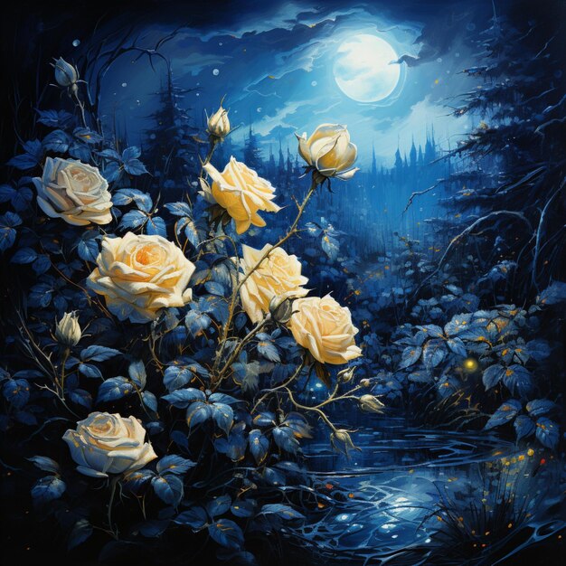 Night Moon view Blue Rose Flowers Plant Painting Generative AI