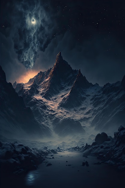 Night mountain landscape with stars and moon shining through the clouds