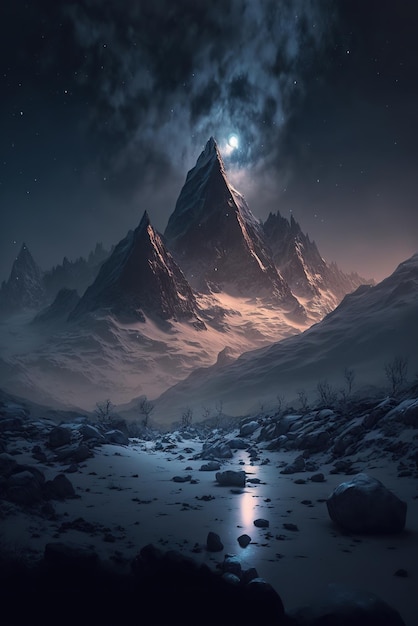 Night mountain landscape with stars and moon shining through the clouds