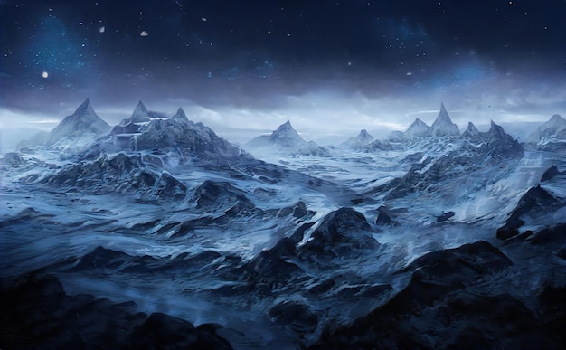 Night in mountains fabulous landscape of mountain peaks Moonlight illuminates the mountain slopes at night Magical nature illustration