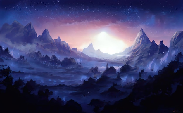 Night in mountains fabulous landscape of mountain peaks Moonlight illuminates the mountain slopes at night Magical nature illustration