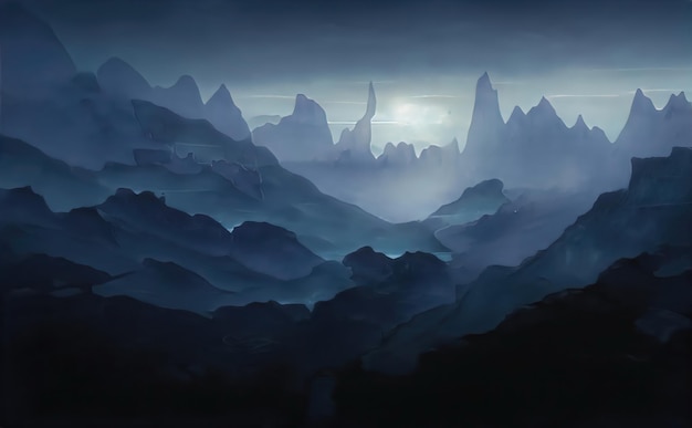 Night in mountains fabulous landscape of mountain peaks Moonlight illuminates the mountain slopes at night Magical nature illustration