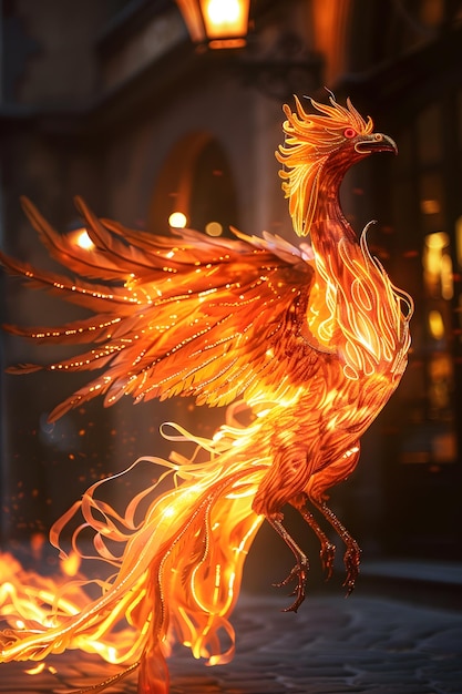 At night the mythical fire phoenix flies over urban streets a majestic creature from epic fantasy