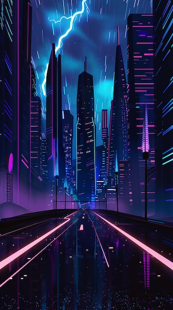 Night neon light from future city building on road