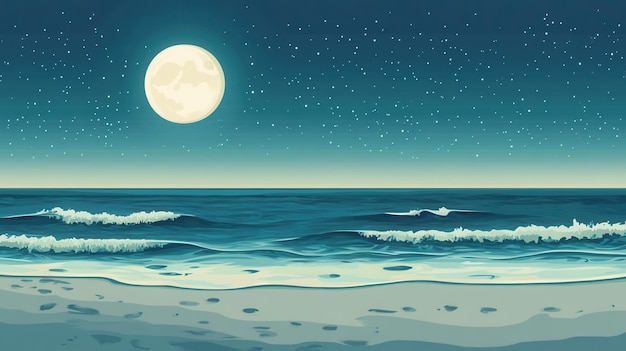 Photo night ocean beach with full moon and stars sea shore landscape illustration