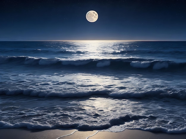 Night ocean landscape full moon and stars shine 8k