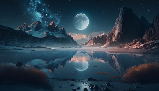 Night ocean landscape full moon and stars shine generative ai