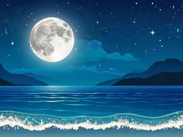 Photo night ocean landscape full moon and stars shine vector