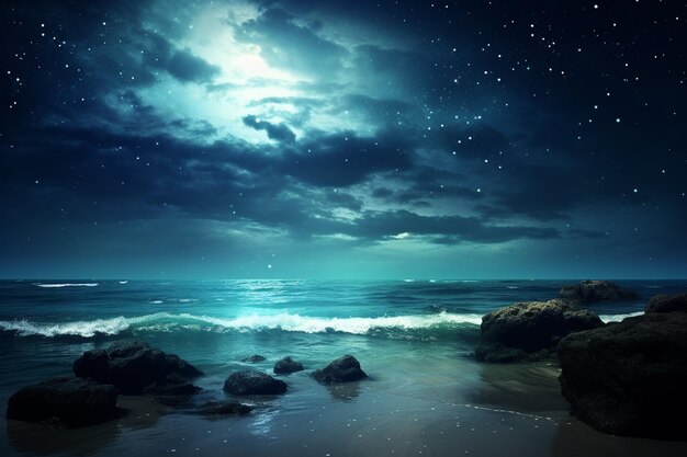 Night ocean landscape full moon and stars shine