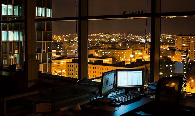 Night Office View City Lights Work After Hours