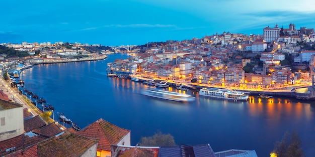 Night Old town and Douro river in Porto, Portugal.