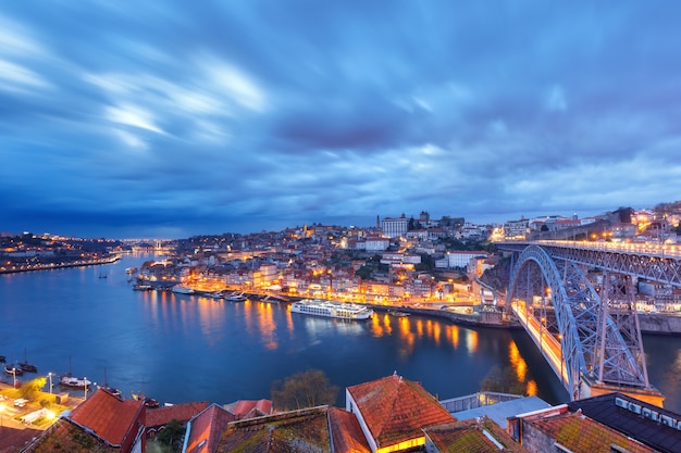 Night Old town and Douro river in Porto, Portugal