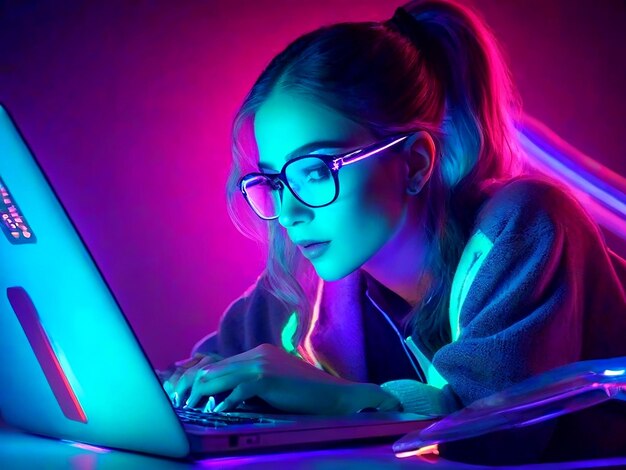 Night Online Work A woman in glasses using laptop in colorful neon lights AI_Generated