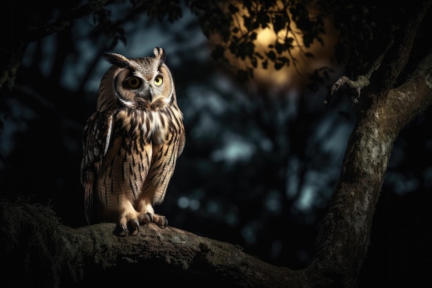 Night owl on branch under full moon generative IA