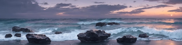 Night panorama of ocean waves crashing on a rocky shore and big stones in the foreground in the water Seascape illustration Generative AI