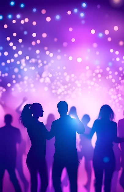 Photo night party background with people silhouettes and bokeh lights