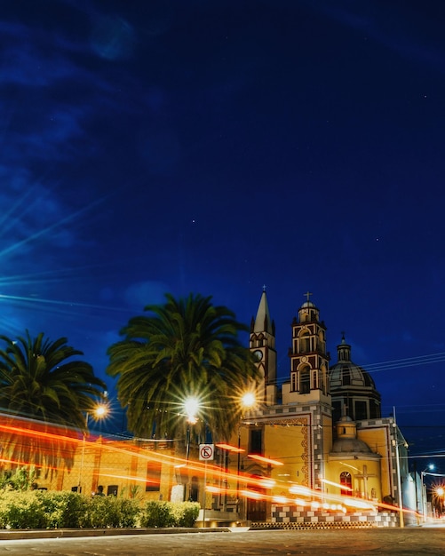 Night photo of the catholic church in Doctor Mora Guanajuato mexico