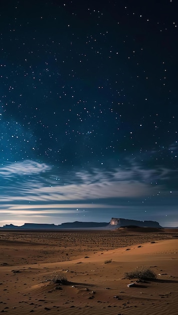 Night photography starry sky over a desert landscape background night light mystical style space for text left