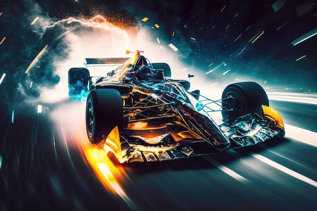 Night racing car drive at speed on road double exposure