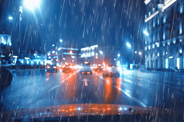 night rain cars lights / autumn road in the city, traffic October on the highway, dark evening traffic jams