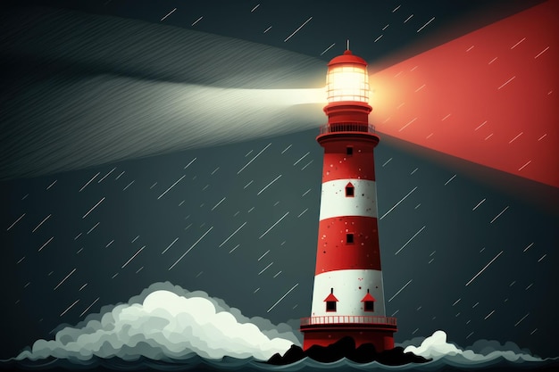 On a night of rain and storm a large red and white lighthouse with beam of light shining out to sea