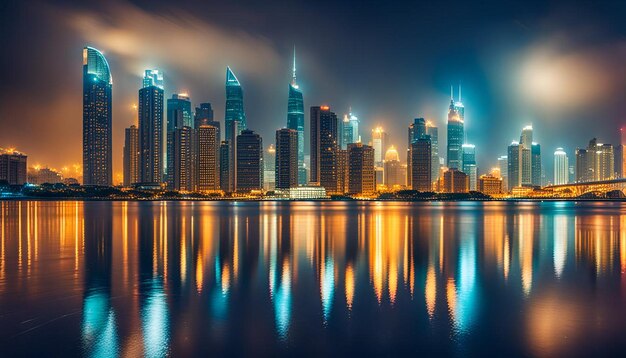 Photo night rainy city skyline view on sea shore or bank