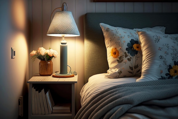 Night rest cozy bedside lamp with lampshade by bed