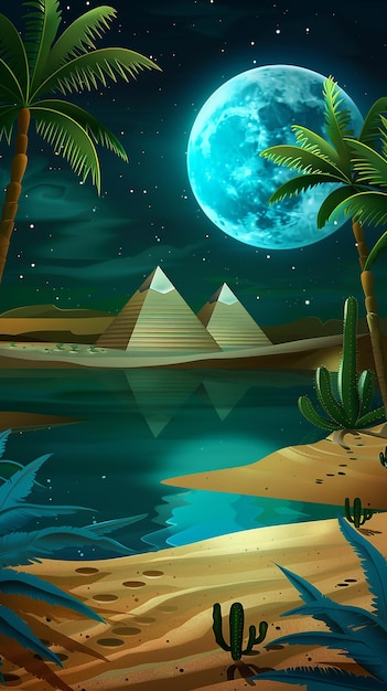 Night river landscape with pyramids in desert Vector cartoon