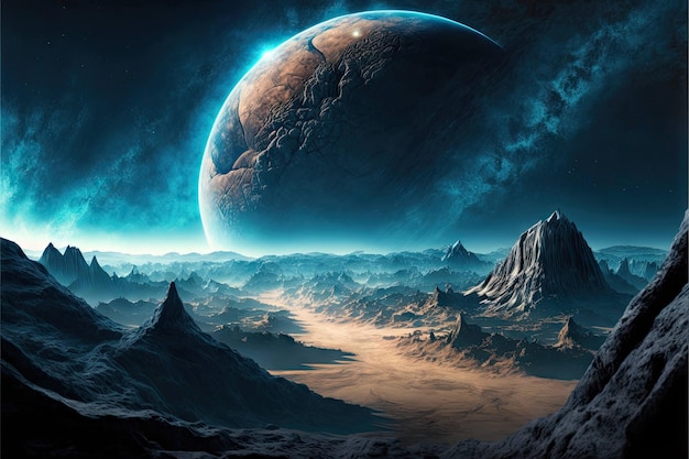 Night rocky landscape of alien planet created with generative ai