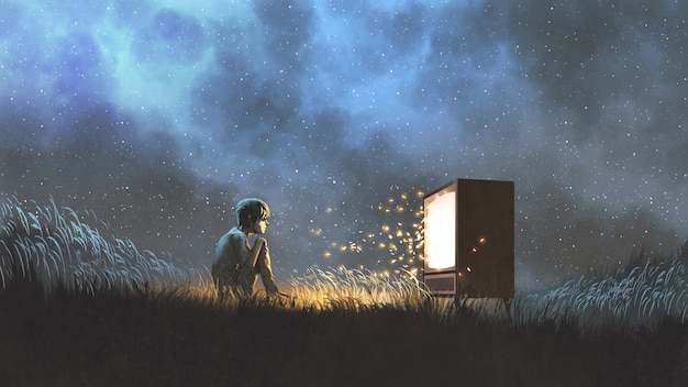 night scene of the boy watching an antique television that glowing and sparks fly out, digital art style, illustration painting