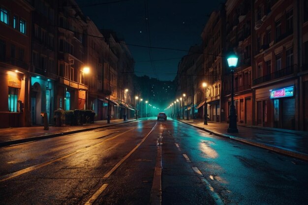 Night scene of a city with street lamps and car lights