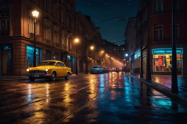 Night scene of a city with street lamps and car lights