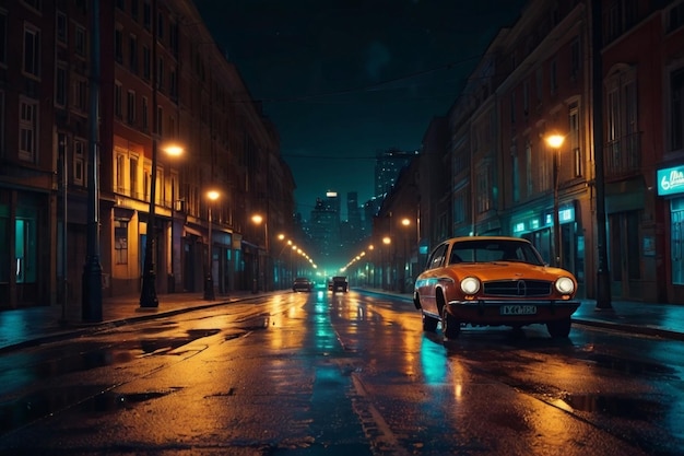 Night scene of a city with street lamps and car lights