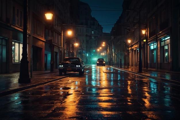 Night scene of a city with street lamps and car lights