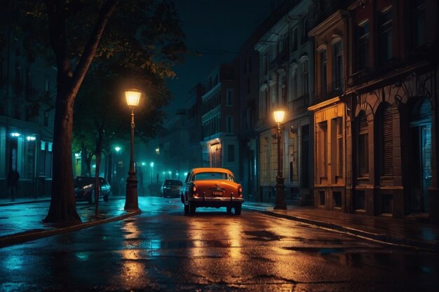 Night scene of a city with street lamps and car lights