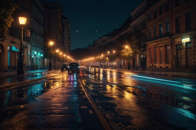 Night scene of a city with street lamps and car lights