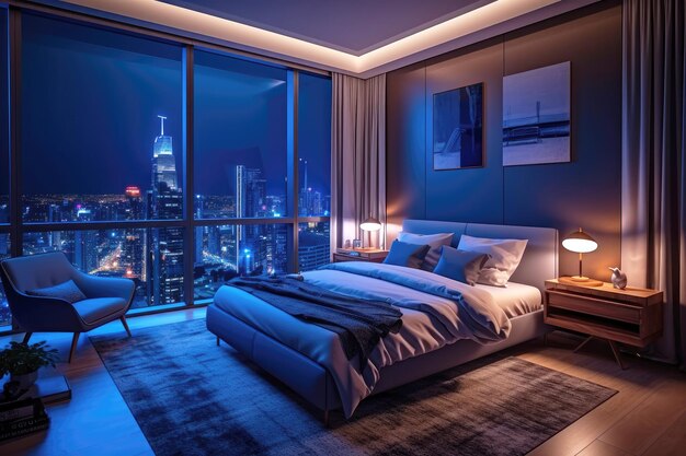 Night scene of Modern contemporary style interior bedroom design with city view Generative Ai