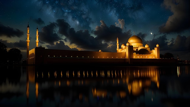 A night scene of a mosque with a blue sky and lights.