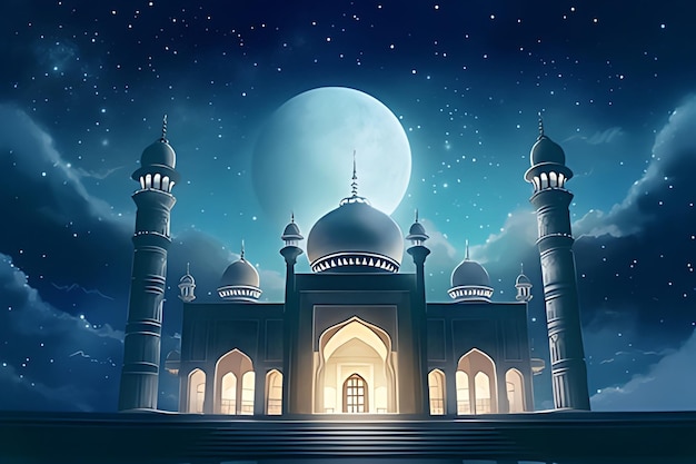 A night scene of a mosque with a full moon in the background.