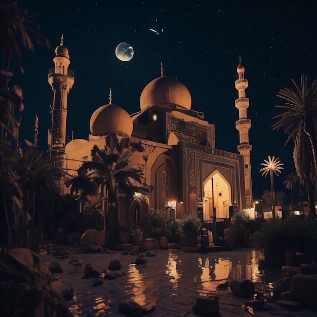 A night scene of a mosque with the moon in the sky