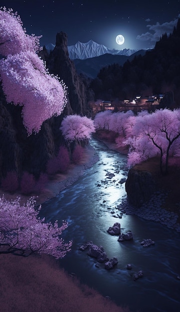 Night scene of a river with full moon generative ai