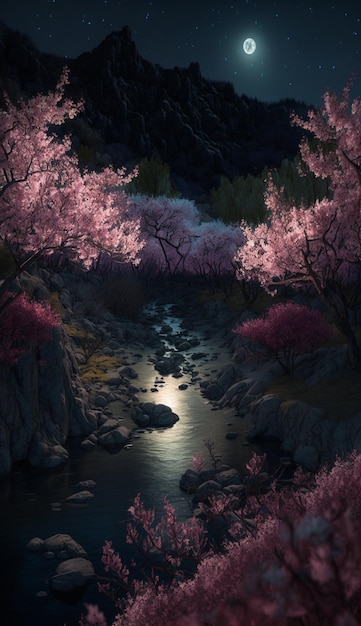 Night scene of a river with full moon generative ai